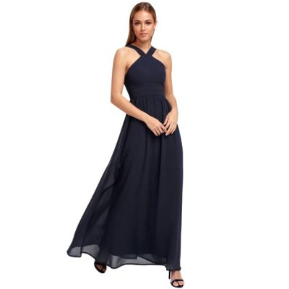 NEW Lulus Air of Romance Navy Blue Halter Maxi Dress